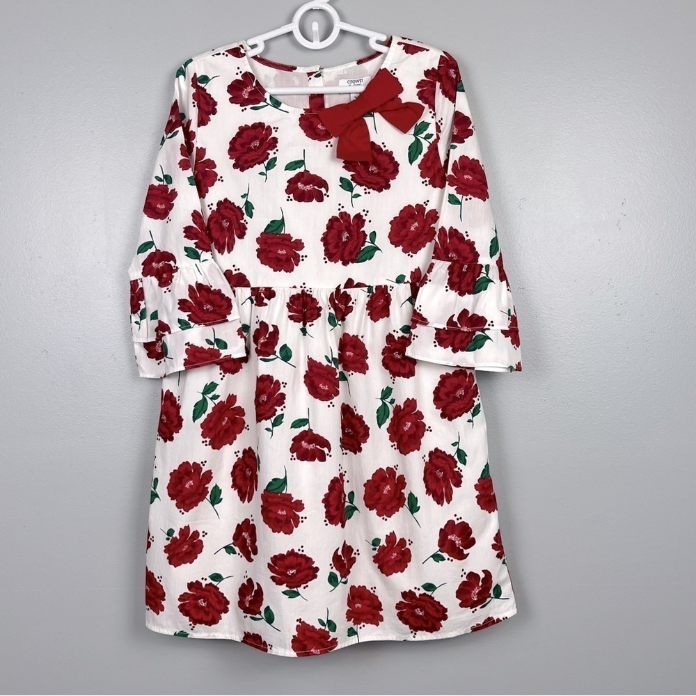 NWT Crown & Ivy kids white red floral 100% cotton bell sleeve dress, size 10.
